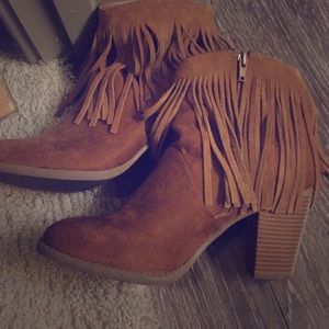 Tan fringe booties